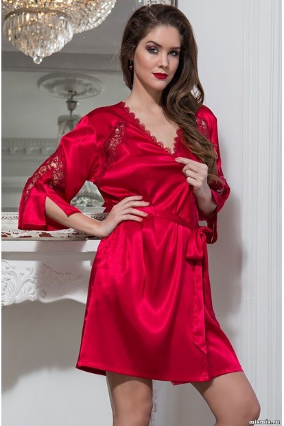 Женский атласный красный халат с кружевной отделкой Mia-Mella Mirabella 2073 - фото 1