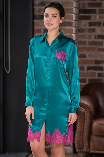 Женская изумрудная шелковая ночная рубашка с кружевной отделкой Mia-Amore Bella 3377 - фото 1
