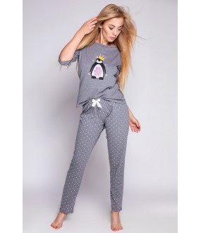 Брючная серая женская пижама хб с пингвином в короне и белыми звездочками