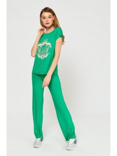 Зеленая женская пижама с брюками и принтованной футболкой из вискозы