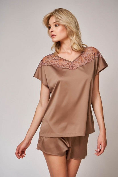 Атласная коричневая женская пижама с шортами Laete 60468 - фото 1