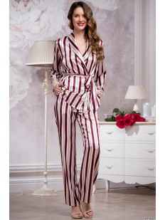 Атласная женская кремовая пижама с брюками в бордовую полоску