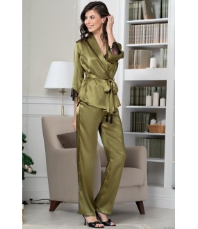 Шелковая женская пижама с брюками оливковая