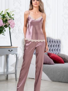 Пудровый пижамный женский комплект тройка с брюками