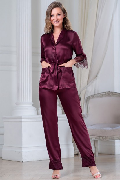 Шелковая бордовая женская пижама с брюками Mia-Amore SHARON 3806 - фото 1