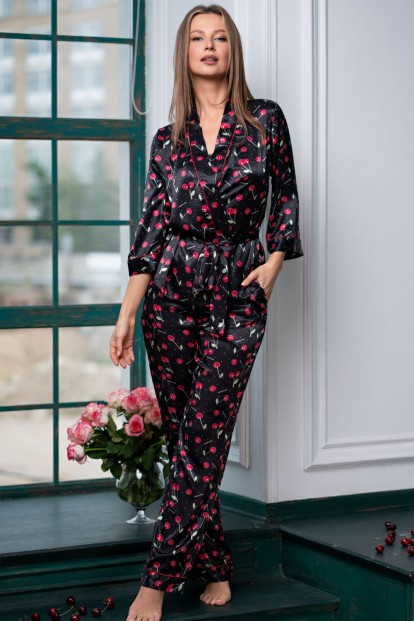 Женская атласная пижама с вишенками в комплекте рубашка и брюки Mia-Amore Cherry 8686 - фото 1