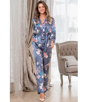 Шелковая женская пижама: жакет и брюки с цветочным принтом
