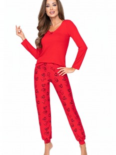 Красная женская пижама: брюки с принтом Микки Маус и лонгслив из вискозы