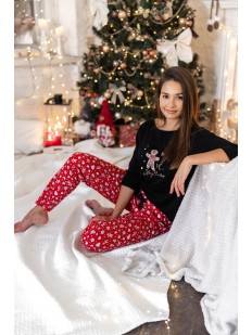 Женская пижама с рождественским принтом: красные брюки и черная кофта