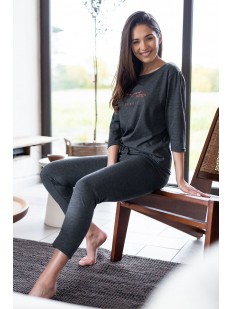 Хлопковая женская пижама: брюки и лонгслив серого цвета