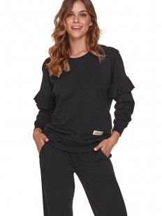 Брючный женский пижамный комплект черного цвета с оборками на рукавах