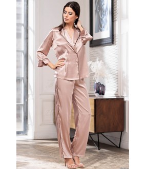 Шелковая женская пижама с брюками и рубашкой пудрового цвета