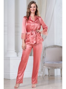 Шелковая женская пижама: брюки и элегантный жакет с топом в коралловом цвете