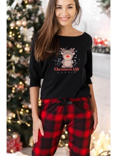Женская пижама с рождественским оленем и клетчатыми штанами из хлопка