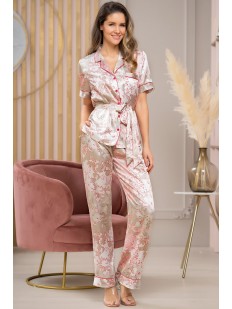 Шелковая пижама из жакета с поясом и длинных брюк с принтом