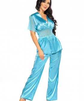 Голубая атласная пижама с коротким рукавом