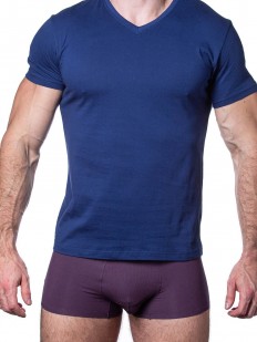 Синяя мужская футболка из хлопка с лайкрой - треугольный вырез