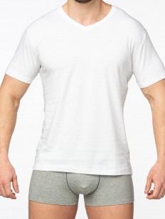 Белая мужская футболка из хлопка с лайкрой - треугольный вырез