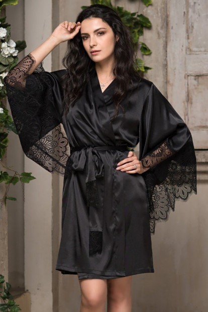 Женский черный запашной халат кимоно с широкими рукавами Mia-amore Afrodita 2163  - фото 1