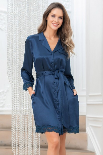 Женский халат из шелка с кружевными вставками синего цвета Mia-amore Frida  - фото 1