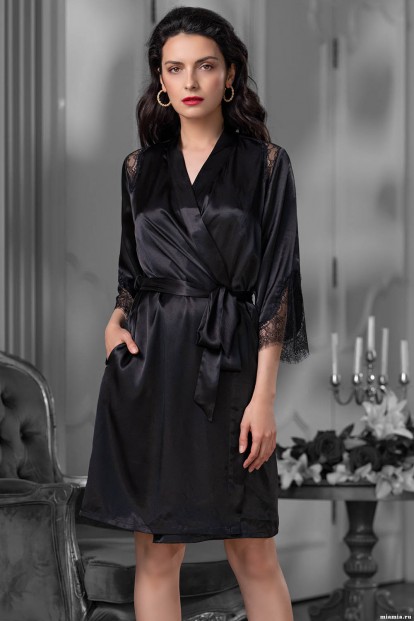 Черный атласный женский халат с карманами Mia-Amore MADISON 8923 - фото 1
