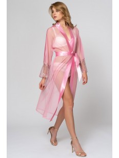 Розовый прозрачный летний женский халат с атласным поясом