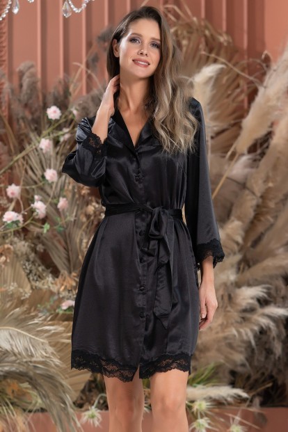 Женский халат из шелка с кружевными вставками черного цвета Mia-amore Frida  - фото 1