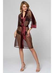 Прозрачный коричневый женский летний халат с атласным поясом