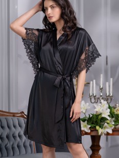 Черный шелковый женский халат с коротким кружевным рукавом