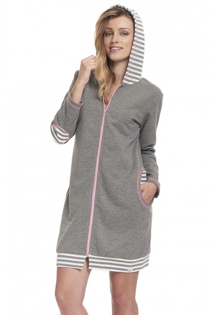 Женский домашний серый халат на молнии с полосатым капюшоном Doctor Nap SMZ.9395 - фото 1