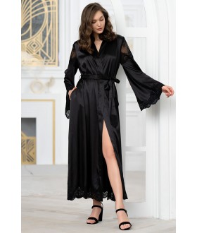 Черный женский халат в пол с широкими длинными рукавами