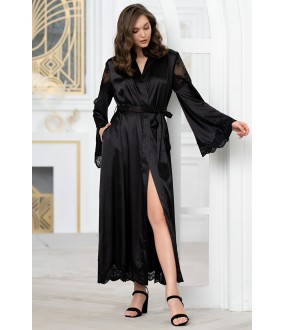 Черный женский халат в пол с широкими длинными рукавами