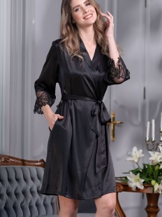 Шелковый черный женский халат с боковыми карманами