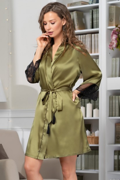 Шелковый оливковый женский халат Mia-Amore OLIVIA 3643 - фото 1