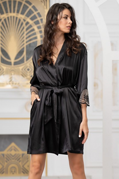 Женский черный шелковый халат кимоно с кружевной отделкой Mia-amore Regina 3903 - фото 1