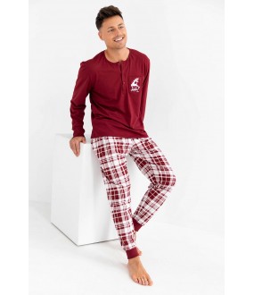 Бордовая мужская пижама с однотонной кофтой и штанами в клетку