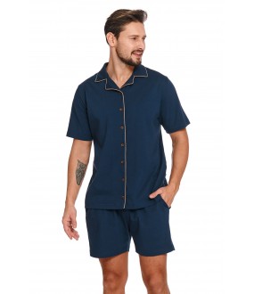 Хлопковая мужская пижама: синие шорты и рубашка на пуговицах