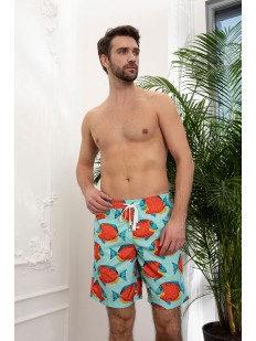 Удлиненные пляжные мужские шорты с яркими рыбками и боковыми карманами