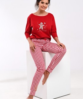 Женская пижама с лонгсливом и брюками в красную клетку