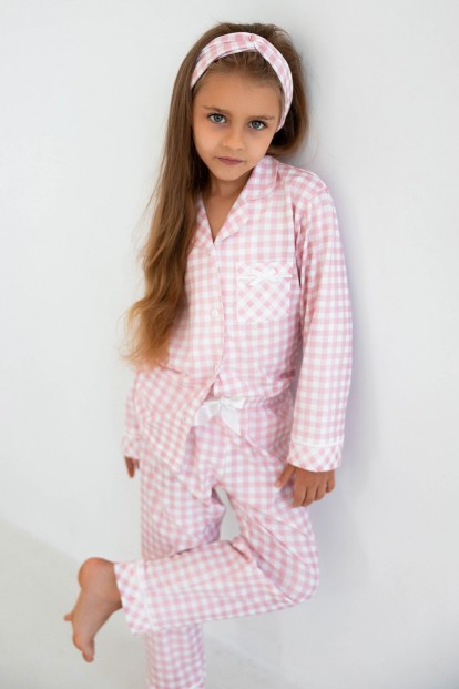 Розовая хлопковая пижама для девочки с брюками и рубашкой c длинным рукавом Sensis mercedes kids - фото 1
