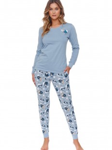Голубая женская пижама с брюками и кофтой