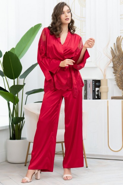 Женская шелковая пижама с жакетом на запахе и брюками Mia-amore Aurelia 3896 красная - фото 1
