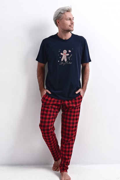 Хлопковая мужская пижама с принтованной футболкой и брюками в крупную клетку Sensis matt - фото 1