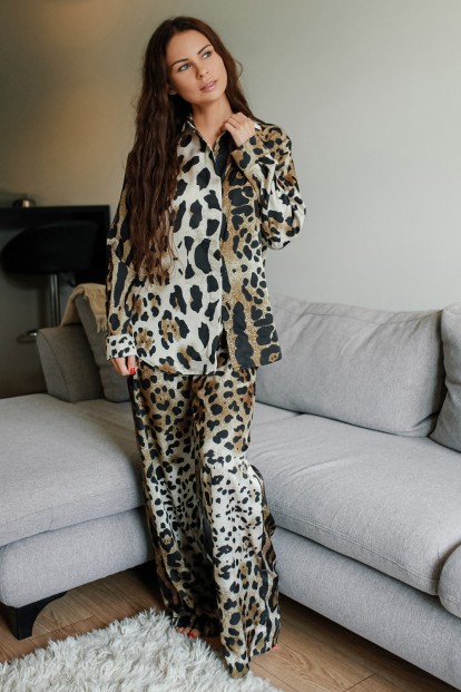 Женский комплект из широких брюк и рубашки оверсайз леопардовой расцветки 5 senses 7149  - фото 1