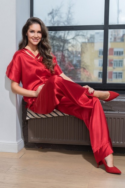 Женский красный костюм для дома с брюками и свободной блузой  Mia-amore Mary 7436r - фото 1