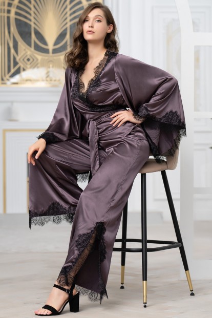 Роскошный женский комплект из брюк и жакета на запахе с поясом Mia-amore Windsor 3886 баклажан - фото 1