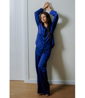 Женская шелковая синяя пижама с брюками и рубашкой  