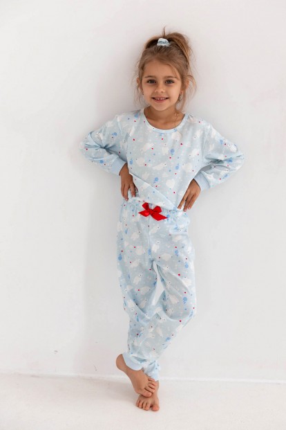 Детская хлопковая пижама для девочек с брюками и кофтой с рисунком мишки Sensis blue dream kids - фото 1