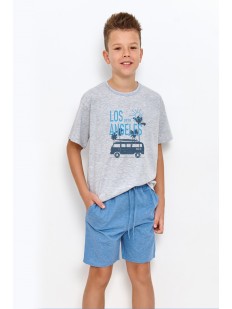 Пижама для мальчика подростка с голубыми шортами и серой футболкой