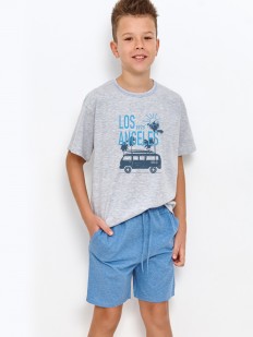 Пижама для мальчика подростка с голубыми шортами и серой футболкой